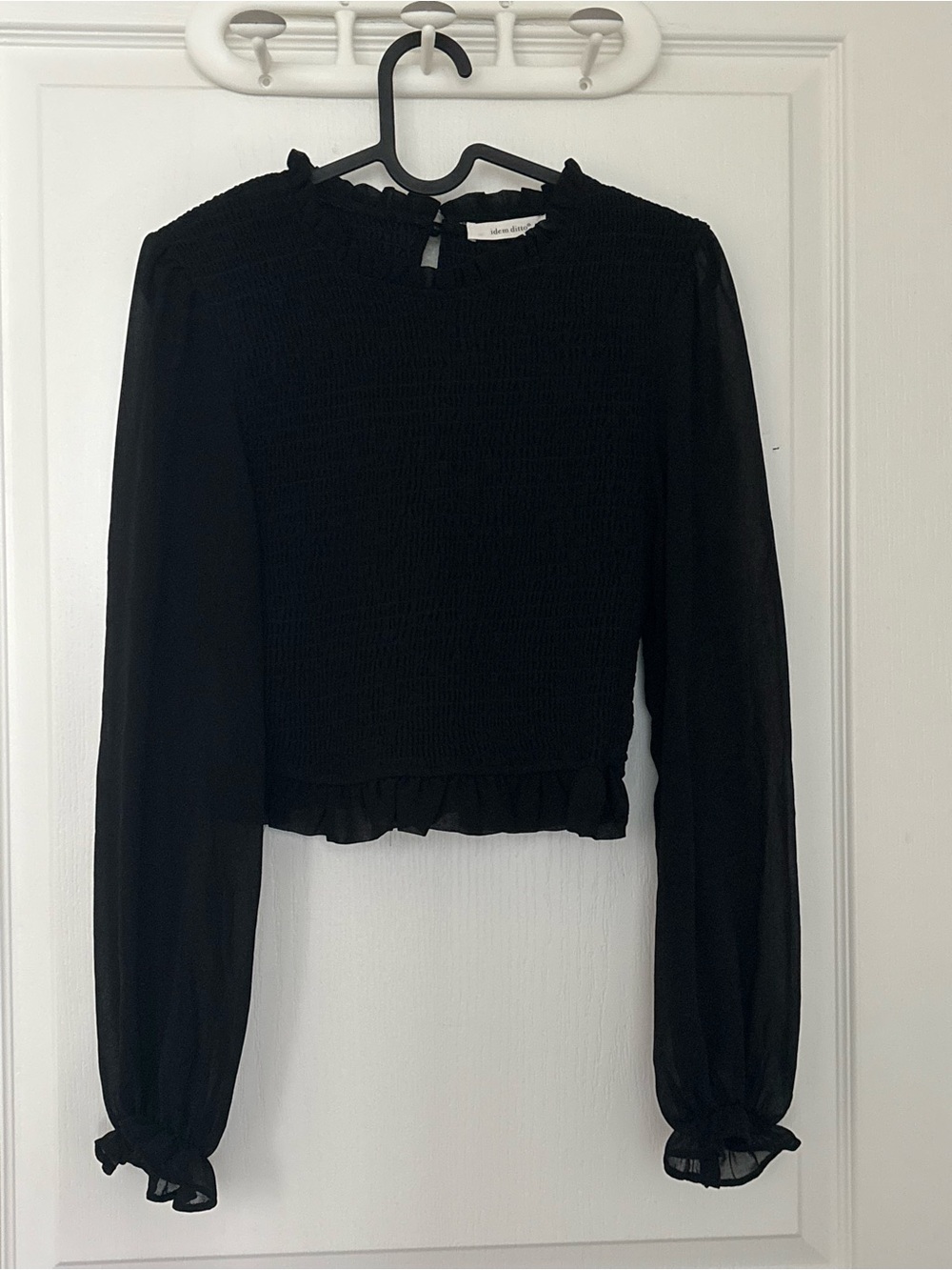 Smocked Black Ruffle-Hem Long Sleeve Blouse - Women